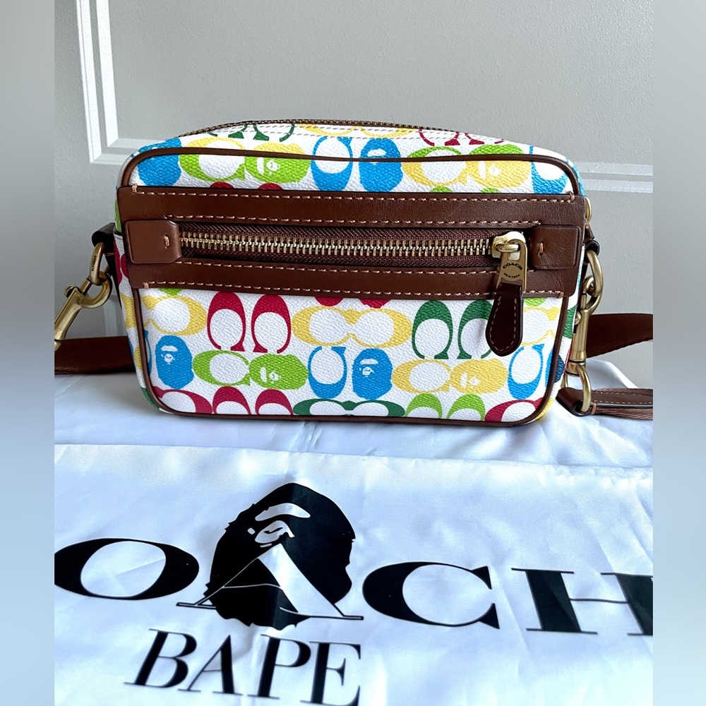 【Bape X Coach】 Academy Crossbody In Signature Canvas With Ape Head